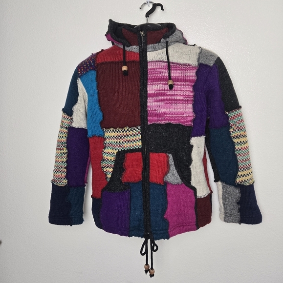 SHOPOHOLIC FASHION Hoodie Jacket Mens Small Knitted  Multicoloured Wool Patch - Picture 4 of 16